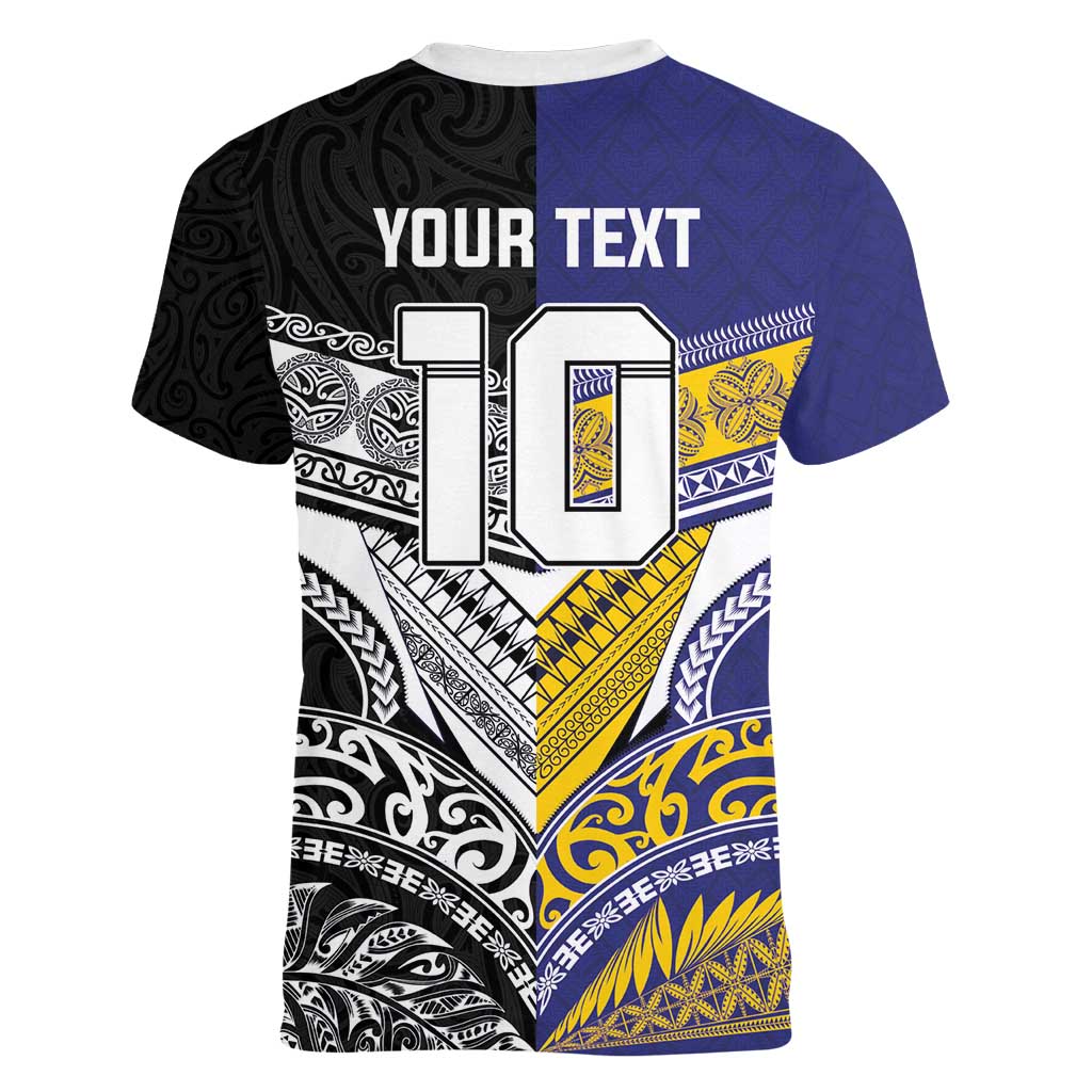 Custom Rugby Niue and Aotearoa Women V-Neck T-Shirt Hiapo with Maori Moko Tribal Heritage Tattoos LT03 - Polynesian Pride