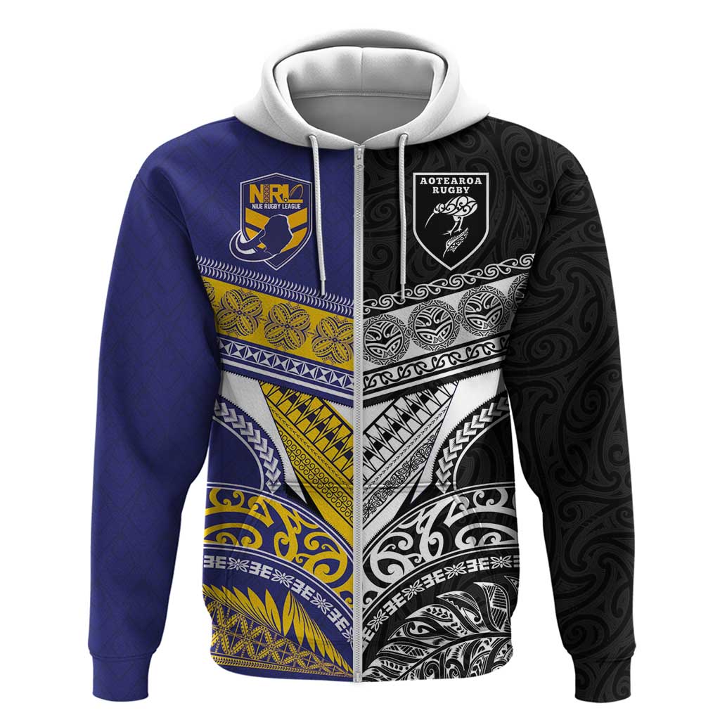 Custom Rugby Niue and Aotearoa Zip Hoodie Hiapo with Maori Moko Tribal Heritage Tattoos LT03 Zip Hoodie Black - Polynesian Pride