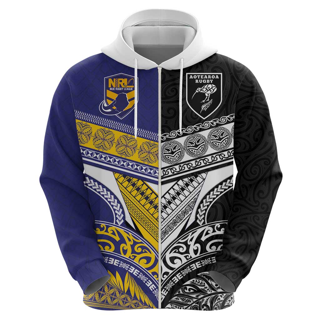 Custom Rugby Niue and Aotearoa Zip Hoodie Hiapo with Maori Moko Tribal Heritage Tattoos LT03 - Polynesian Pride