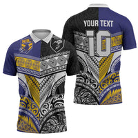 Custom Rugby Niue and Aotearoa Zipper Polo Shirt Hiapo with Maori Moko Tribal Heritage Tattoos - Polynesian Pride