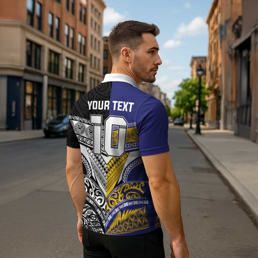 Custom Rugby Niue and Aotearoa Zipper Polo Shirt Hiapo with Maori Moko Tribal Heritage Tattoos - Polynesian Pride