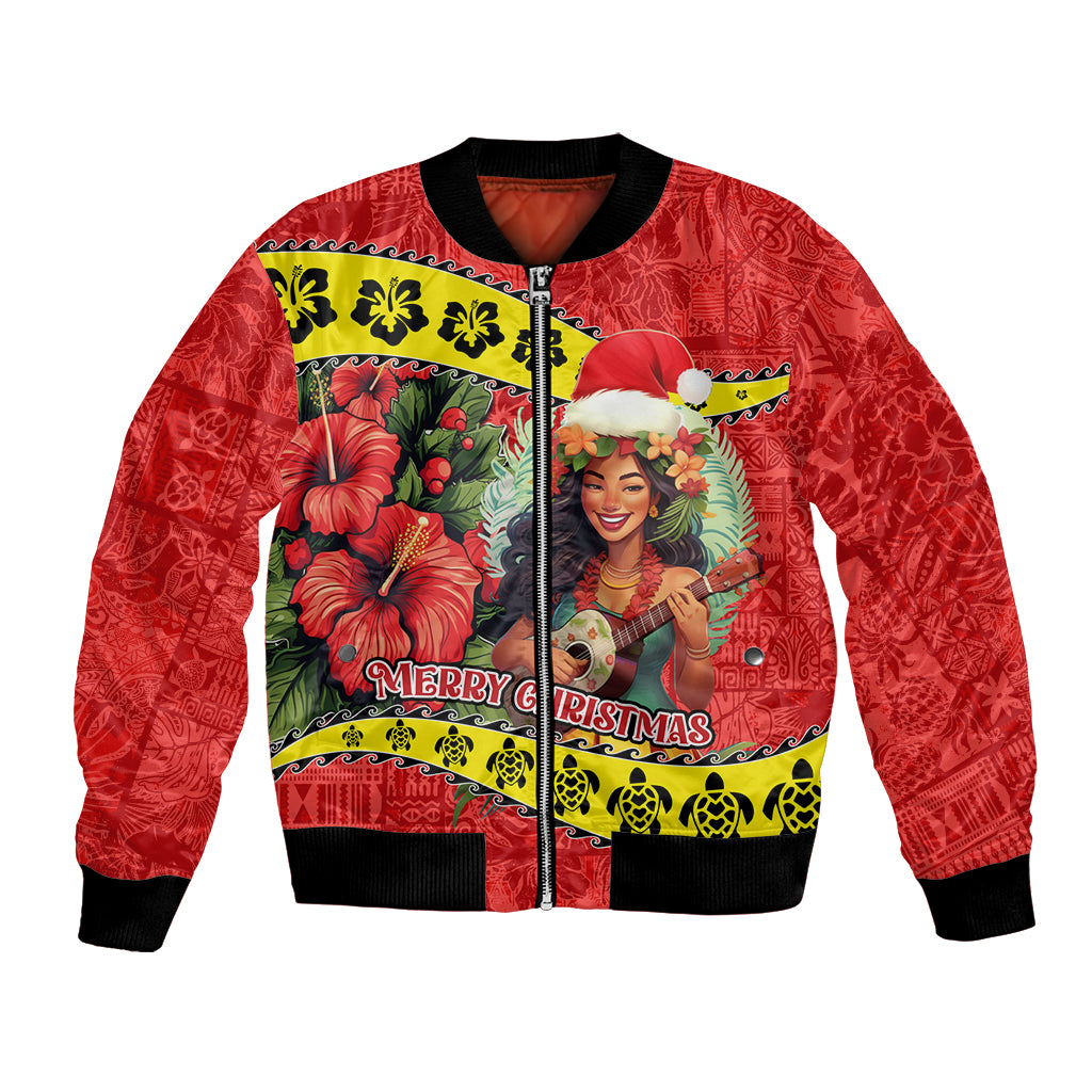 Hawaii Christmas Bomber Jacket Hula Girl Hibiscus With Hawaiian Style Tribal Fabric Patchwork LT03 Unisex Red - Polynesian Pride