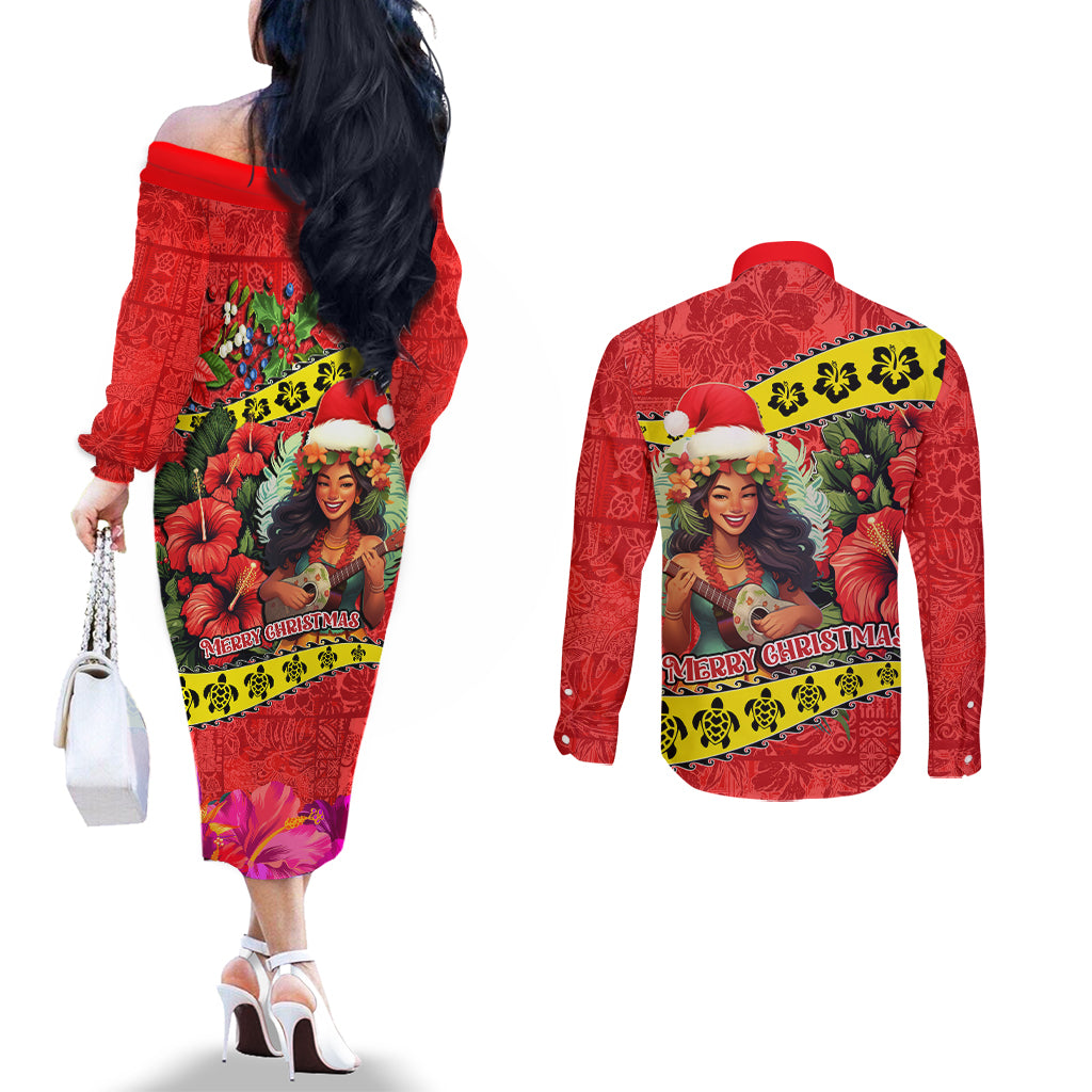 Hawaii Christmas Couples Matching Off The Shoulder Long Sleeve Dress and Long Sleeve Button Shirt Hula Girl Hibiscus With Hawaiian Style Tribal Fabric Patchwork LT03 - Polynesian Pride