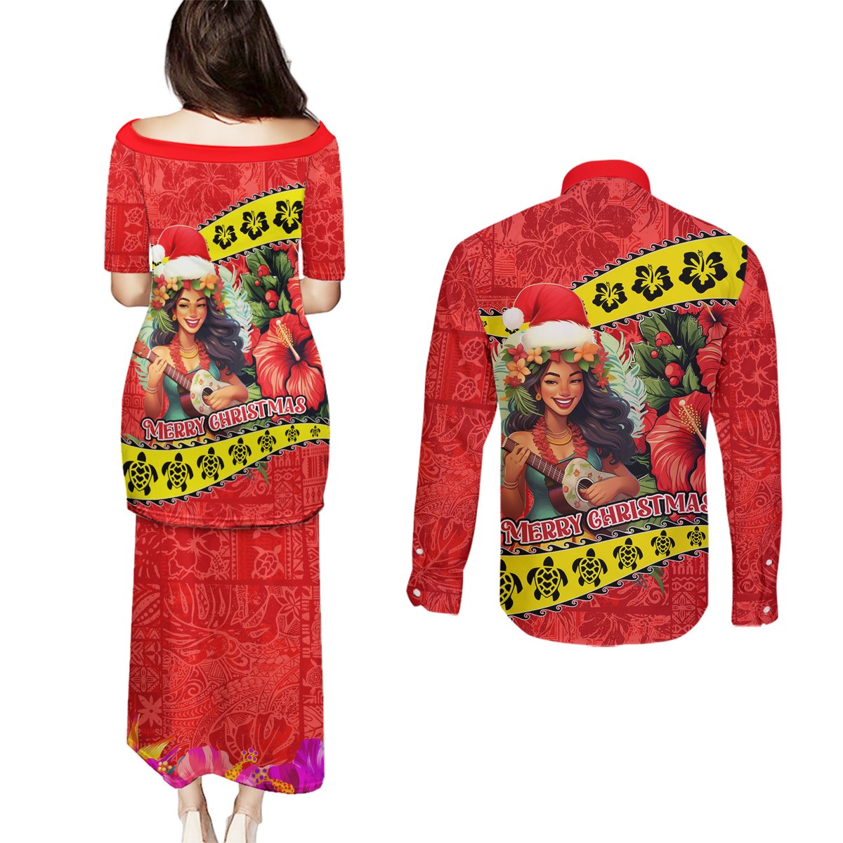 Hawaii Christmas Couples Matching Puletasi Dress and Long Sleeve Button Shirt Hula Girl Hibiscus With Hawaiian Style Tribal Fabric Patchwork LT03 - Polynesian Pride