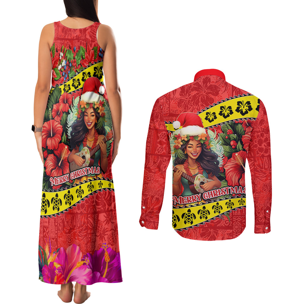 Hawaii Christmas Couples Matching Tank Maxi Dress and Long Sleeve Button Shirt Hula Girl Hibiscus With Hawaiian Style Tribal Fabric Patchwork LT03 - Polynesian Pride