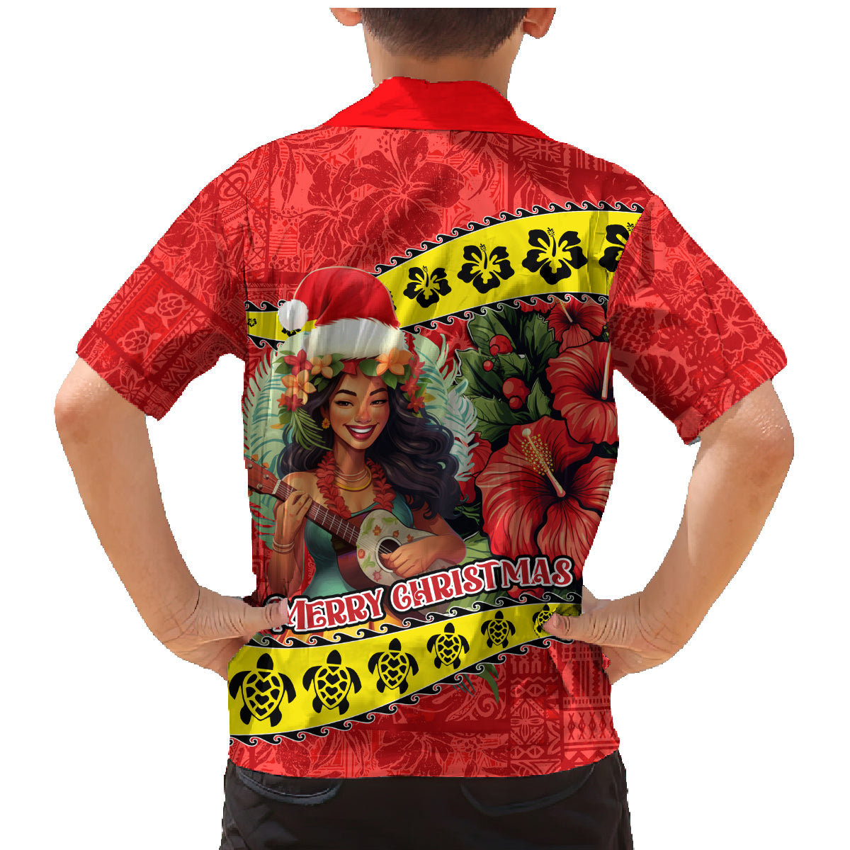 Hawaii Christmas Family Matching Mermaid Dress and Hawaiian Shirt Hula Girl Hibiscus With Hawaiian Style Tribal Fabric Patchwork LT03 - Polynesian Pride