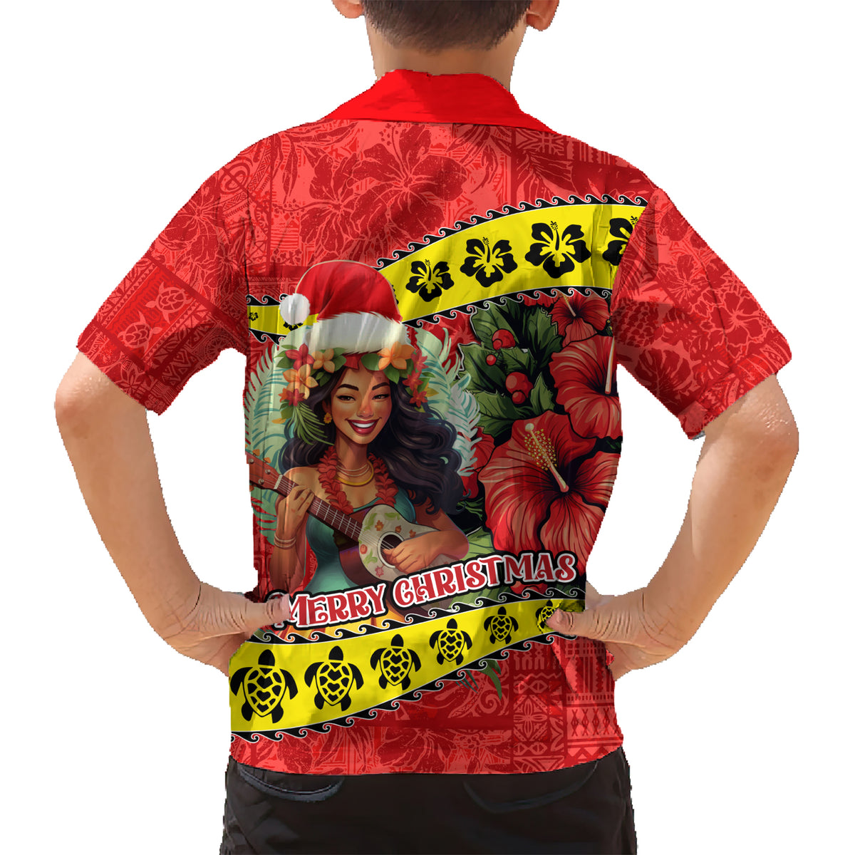 Hawaii Christmas Family Matching Short Sleeve Bodycon Dress and Hawaiian Shirt Hula Girl Hibiscus With Hawaiian Style Tribal Fabric Patchwork LT03 - Polynesian Pride