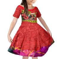 Hawaii Christmas Kid Short Sleeve Dress Hula Girl Hibiscus With Hawaiian Style Tribal Fabric Patchwork LT03 KID Red - Polynesian Pride