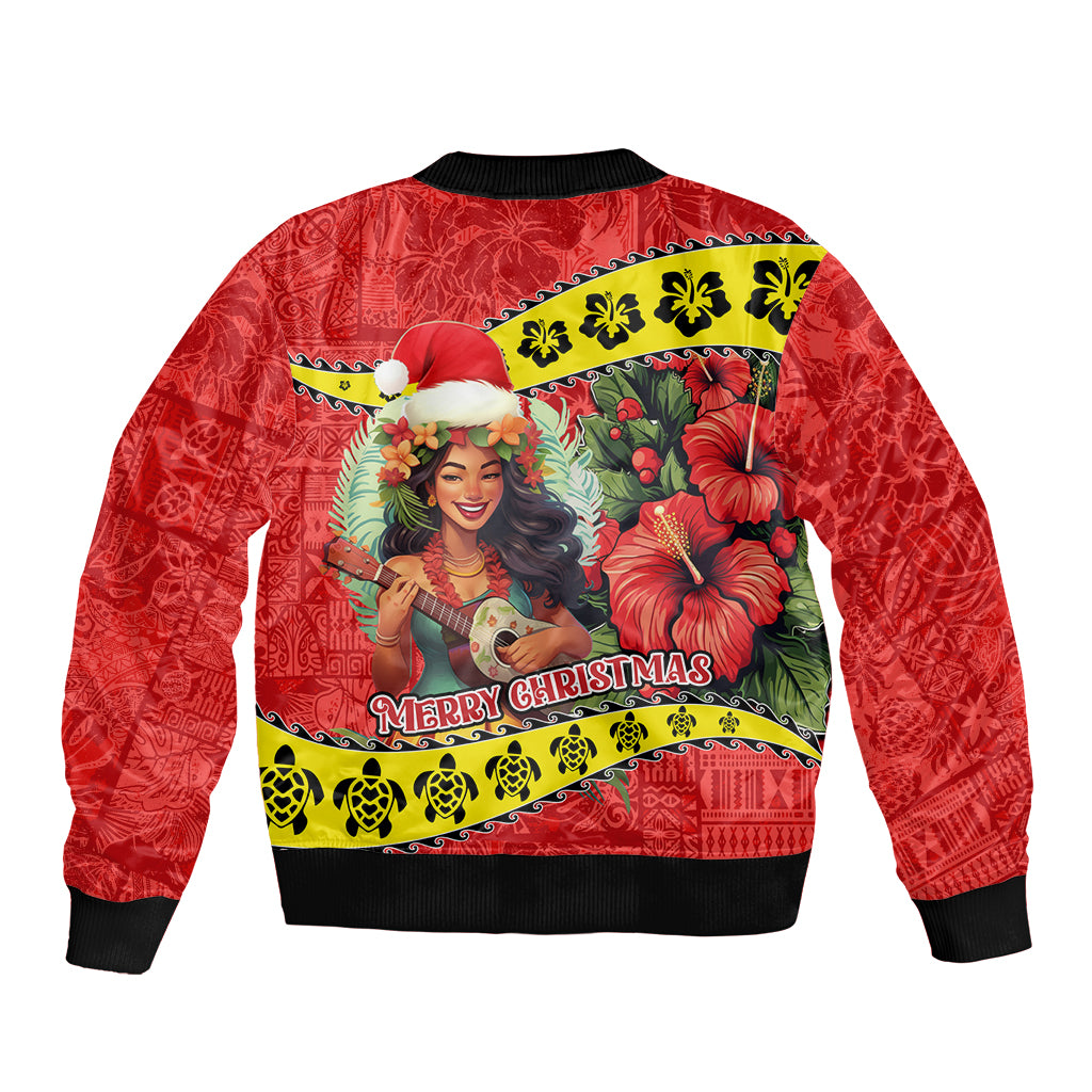 Hawaii Christmas Sleeve Zip Bomber Jacket Hula Girl Hibiscus With Hawaiian Style Tribal Fabric Patchwork LT03 - Polynesian Pride