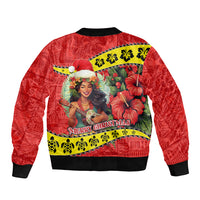 Hawaii Christmas Sleeve Zip Bomber Jacket Hula Girl Hibiscus With Hawaiian Style Tribal Fabric Patchwork LT03 - Polynesian Pride