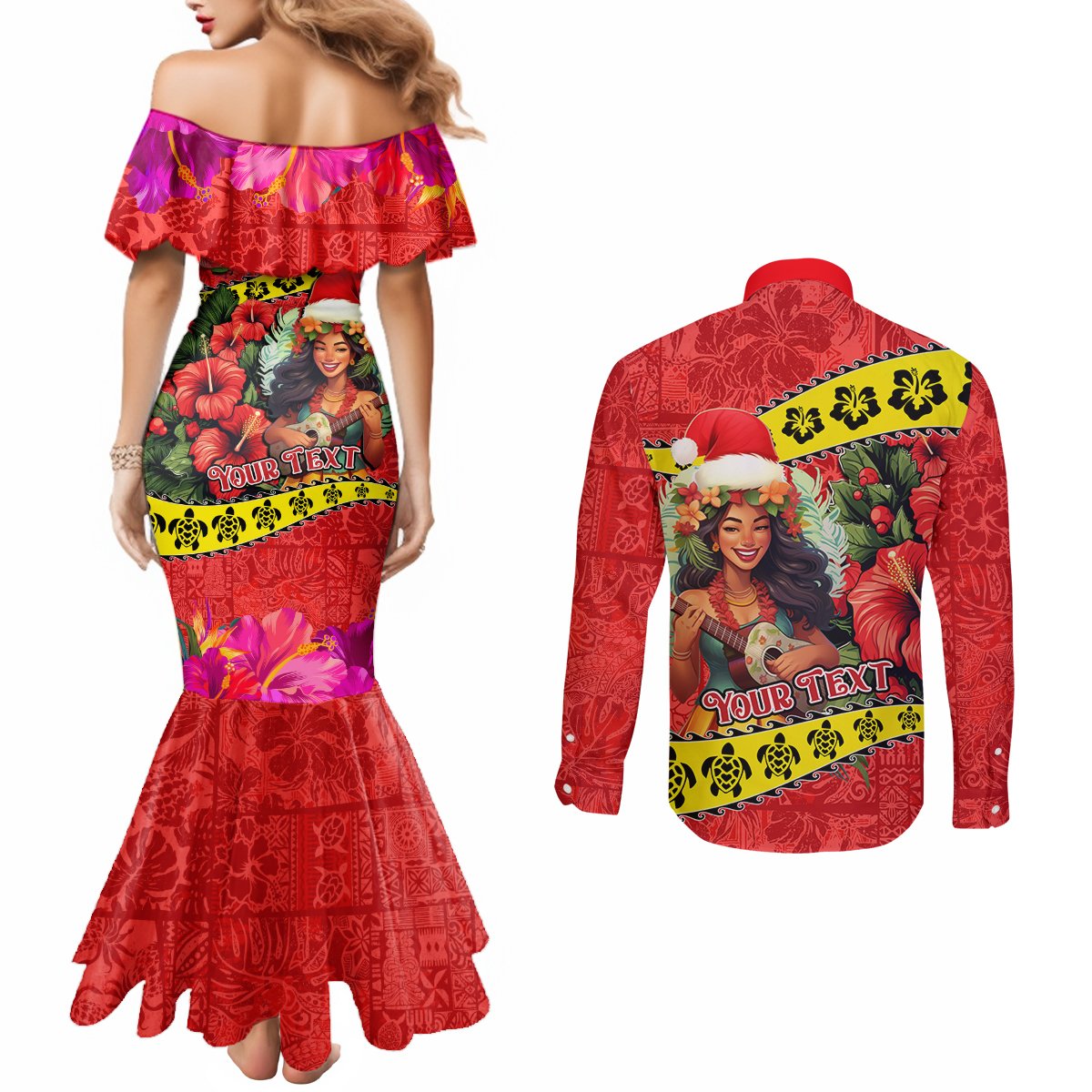 Personalised Hawaii Christmas Couples Matching Mermaid Dress and Long Sleeve Button Shirt Hula Girl Hibiscus With Hawaiian Style Tribal Fabric Patchwork LT03 - Polynesian Pride