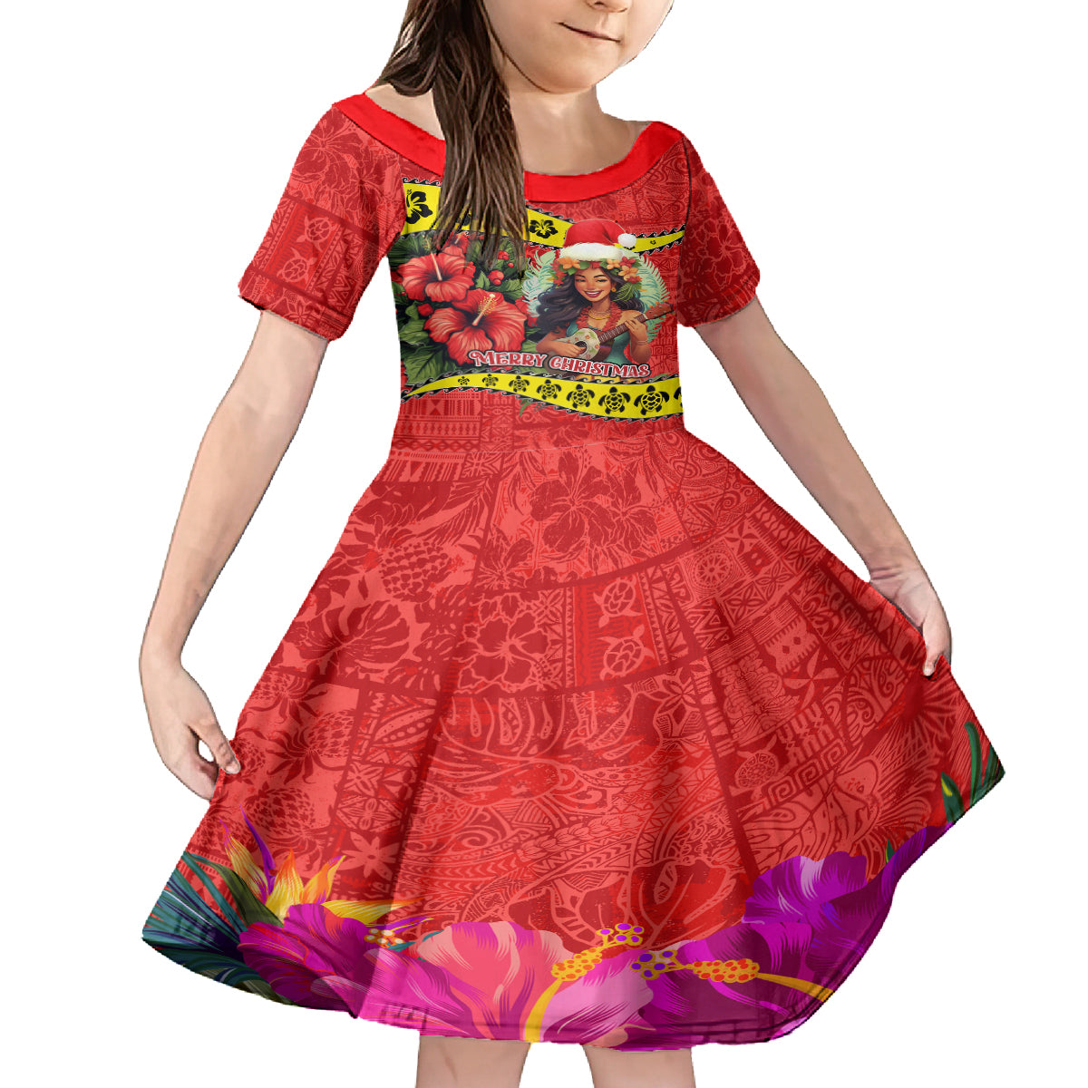 Personalised Hawaii Christmas Family Matching Off Shoulder Maxi Dress and Hawaiian Shirt Hula Girl Hibiscus With Hawaiian Style Tribal Fabric Patchwork LT03 Daughter's Dress Red - Polynesian Pride