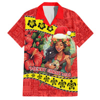 Personalised Hawaii Christmas Family Matching Puletasi Dress and Hawaiian Shirt Hula Girl Hibiscus With Hawaiian Style Tribal Fabric Patchwork LT03 Dad's Shirt - Short Sleeve Red - Polynesian Pride