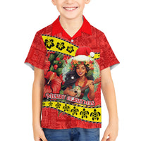 Personalised Hawaii Christmas Kid Hawaiian Shirt Hula Girl Hibiscus With Hawaiian Style Tribal Fabric Patchwork LT03 Kid Red - Polynesian Pride