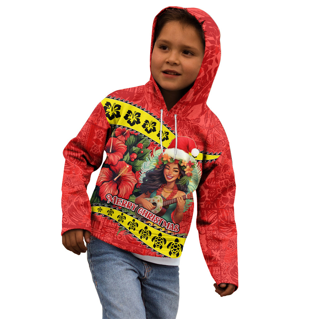 Personalised Hawaii Christmas Kid Hoodie Hula Girl Hibiscus With Hawaiian Style Tribal Fabric Patchwork LT03 - Polynesian Pride