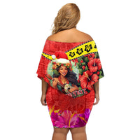 Personalised Hawaii Christmas Off Shoulder Short Dress Hula Girl Hibiscus With Hawaiian Style Tribal Fabric Patchwork LT03 - Polynesian Pride