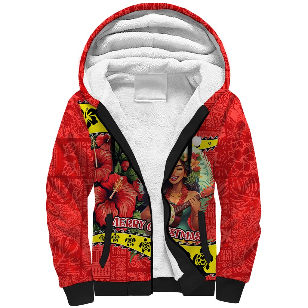 Personalised Hawaii Christmas Sherpa Hoodie Hula Girl Hibiscus With Hawaiian Style Tribal Fabric Patchwork LT03 Unisex Red - Polynesian Pride