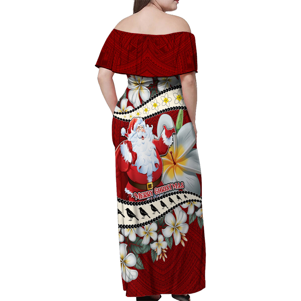 Tahiti Christmas Family Matching Off Shoulder Maxi Dress and Hawaiian Shirt Tiare Flowers and Pomarea Nigra with Polynesian Pattern LT03 - Polynesian Pride