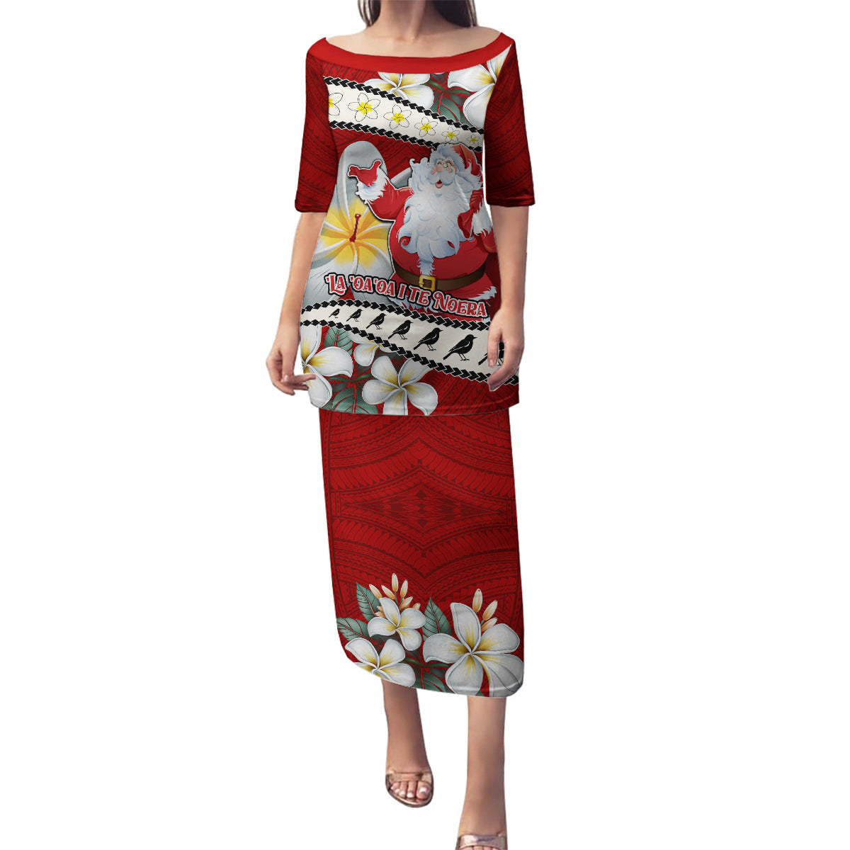Personalised Tahiti Christmas Family Matching Puletasi Dress and Hawaiian Shirt Tiare Flowers and Pomarea Nigra with Polynesian Pattern LT03 Mom's Dress Red - Polynesian Pride