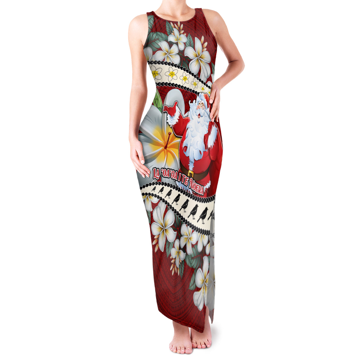 Personalised Tahiti Christmas Family Matching Tank Maxi Dress and Hawaiian Shirt Tiare Flowers and Pomarea Nigra with Polynesian Pattern LT03 Mom's Dress Red - Polynesian Pride