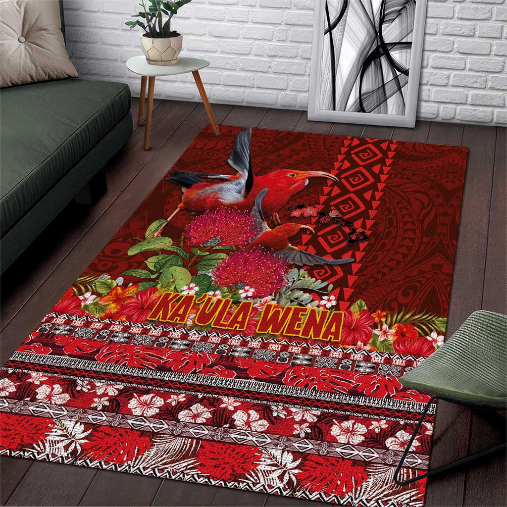 Hawaii KaUla Wena Iiwi Area Rug With Tropical Plants and 'Ohi'a lehua Kakau Art Tattoo LT03 Red - Polynesian Pride