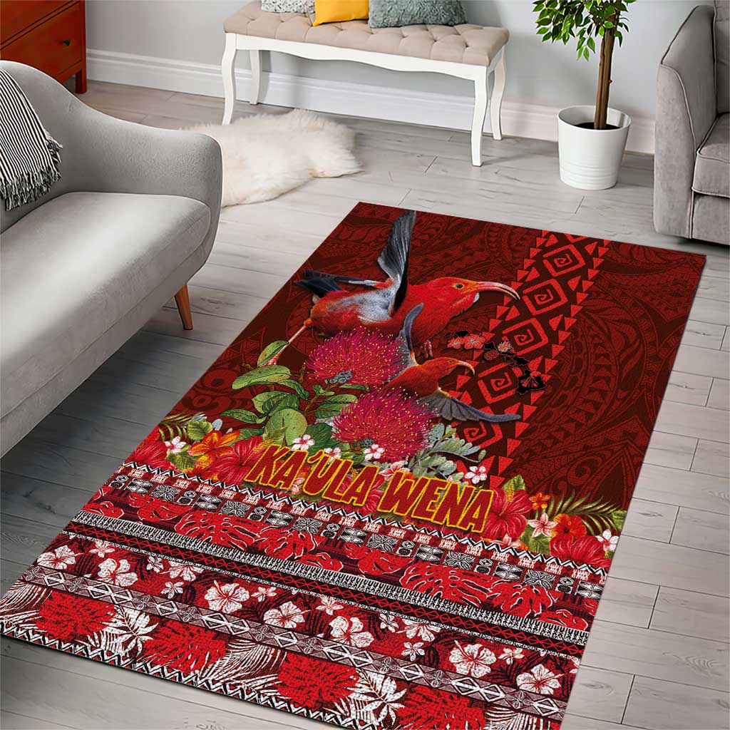 Hawaii KaUla Wena Iiwi Area Rug With Tropical Plants and 'Ohi'a lehua Kakau Art Tattoo LT03 - Polynesian Pride