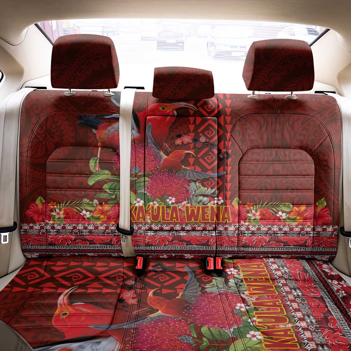 Hawaii KaUla Wena Iiwi Back Car Seat Cover With Tropical Plants and 'Ohi'a lehua Kakau Art Tattoo LT03 - Polynesian Pride