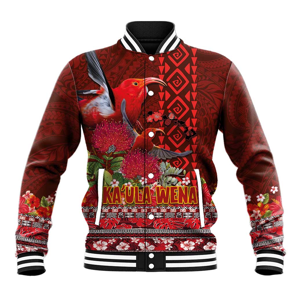 Hawaii KaUla Wena Iiwi Baseball Jacket With Tropical Plants and 'Ohi'a lehua Kakau Art Tattoo LT03 Unisex Red - Polynesian Pride