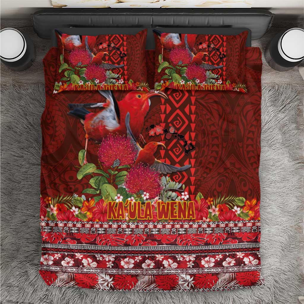 Hawaii KaUla Wena Iiwi Bedding Set With Tropical Plants and 'Ohi'a lehua Kakau Art Tattoo LT03 Red - Polynesian Pride