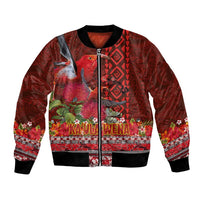 Hawaii KaUla Wena Iiwi Bomber Jacket With Tropical Plants and 'Ohi'a lehua Kakau Art Tattoo LT03 Unisex Red - Polynesian Pride