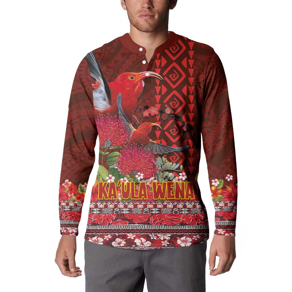 Hawaii KaUla Wena Iiwi Button Sweatshirt With Tropical Plants and 'Ohi'a lehua Kakau Art Tattoo LT03 - Polynesian Pride
