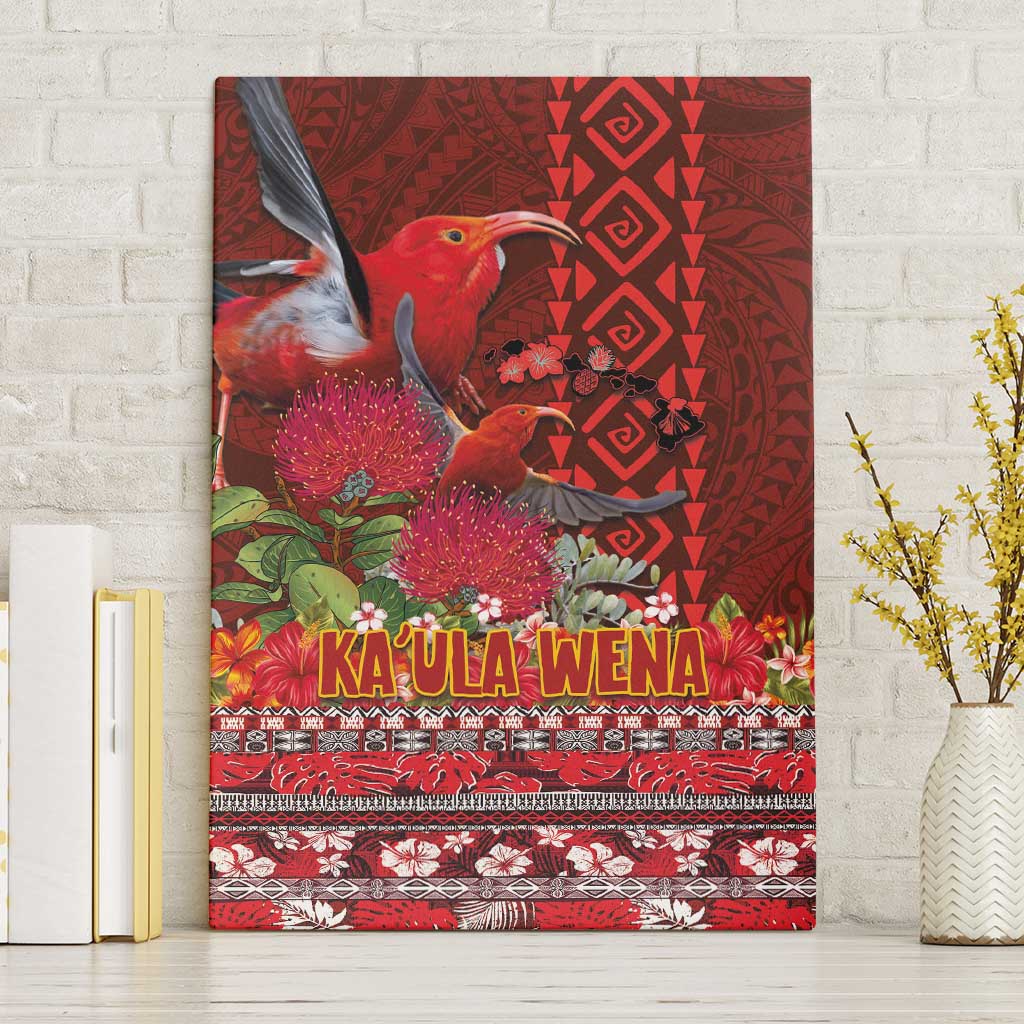 Hawaii KaUla Wena Iiwi Canvas Wall Art With Tropical Plants and 'Ohi'a lehua Kakau Art Tattoo LT03 Without Frame Red - Polynesian Pride