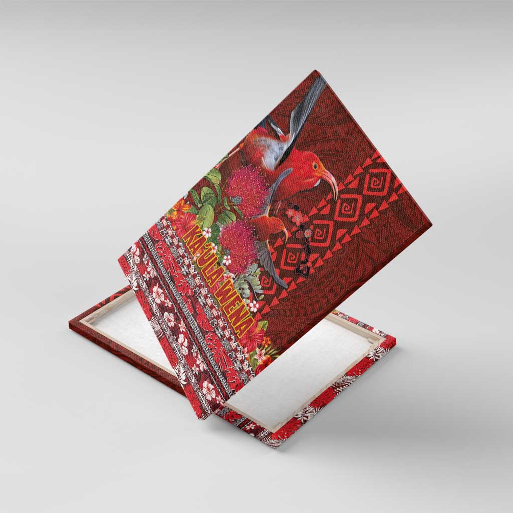 Hawaii KaUla Wena Iiwi Canvas Wall Art With Tropical Plants and 'Ohi'a lehua Kakau Art Tattoo LT03 With Frame Red - Polynesian Pride