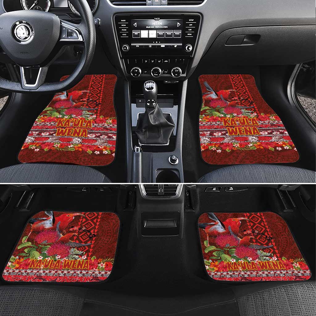 Hawaii KaUla Wena Iiwi Car Mats With Tropical Plants and 'Ohi'a lehua Kakau Art Tattoo LT03 Set 4pcs Red - Polynesian Pride