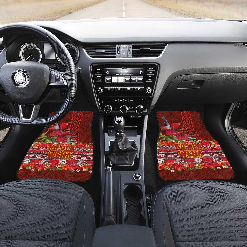 Hawaii KaUla Wena Iiwi Car Mats With Tropical Plants and 'Ohi'a lehua Kakau Art Tattoo LT03 Set 2pcs - Front Red - Polynesian Pride