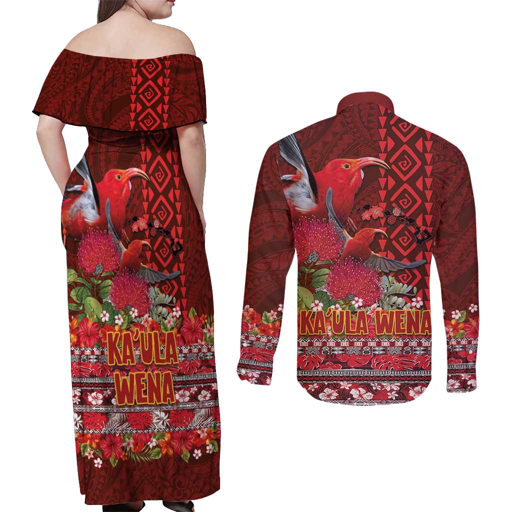 Hawaii KaʻUla Wena ʻIʻiwi Couples Matching Off Shoulder Maxi Dress and Long Sleeve Button Shirt With Tropical Plants and 'Ohi'a lehua Kakau Art Tattoo