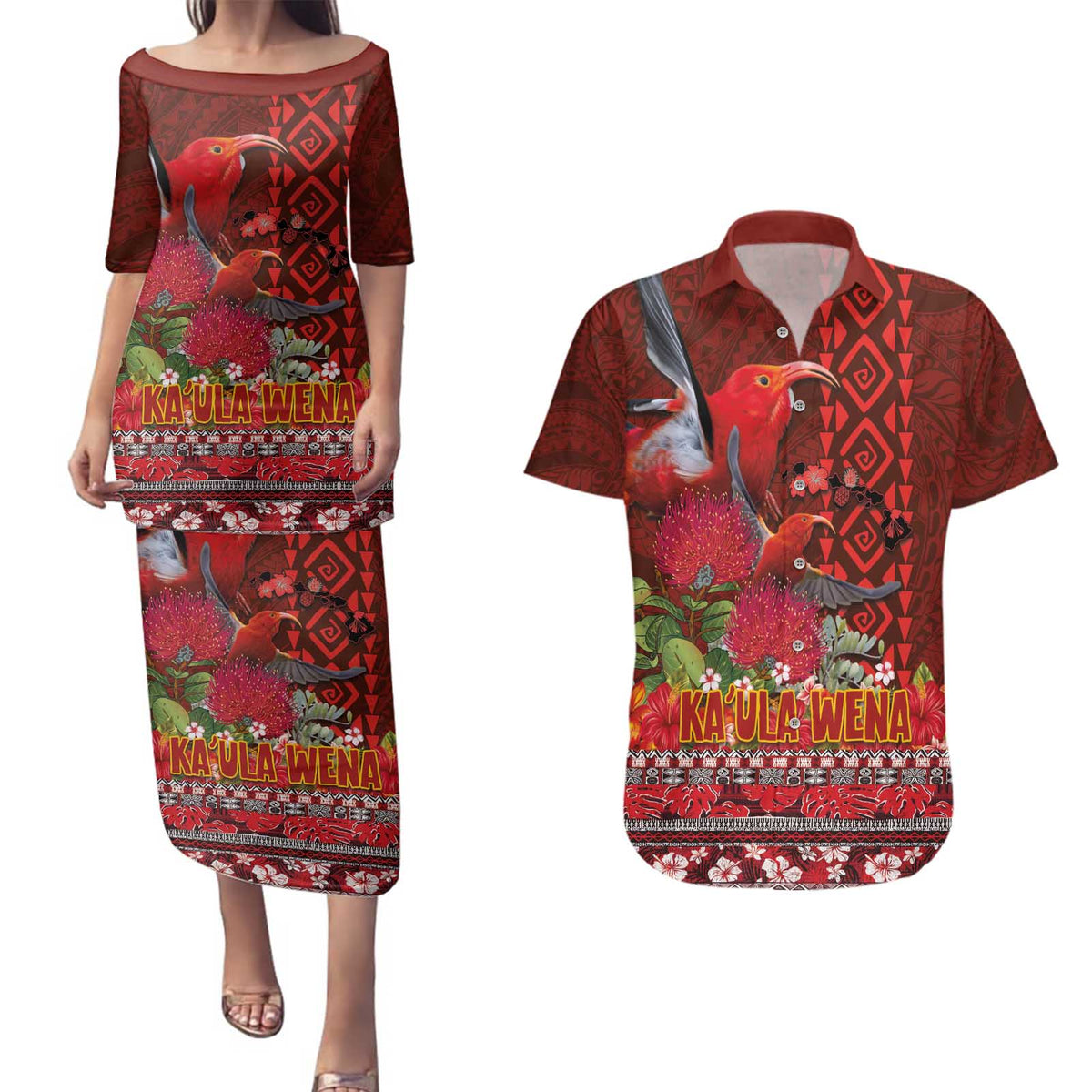Hawaii KaUla Wena Iiwi Couples Matching Puletasi and Hawaiian Shirt With Tropical Plants and 'Ohi'a lehua Kakau Art Tattoo LT03 Red - Polynesian Pride