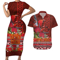 Hawaii KaUla Wena Iiwi Couples Matching Short Sleeve Bodycon Dress and Hawaiian Shirt With Tropical Plants and 'Ohi'a lehua Kakau Art Tattoo LT03 Red - Polynesian Pride