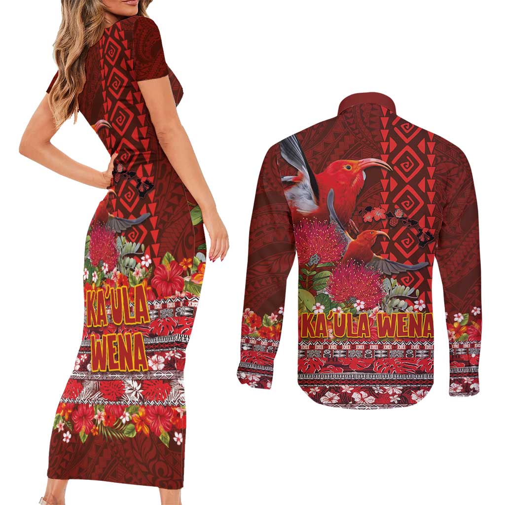 Hawaii KaʻUla Wena ʻIʻiwi Couples Matching Short Sleeve Bodycon Dress and Long Sleeve Button Shirt With Tropical Plants and 'Ohi'a lehua Kakau Art Tattoo