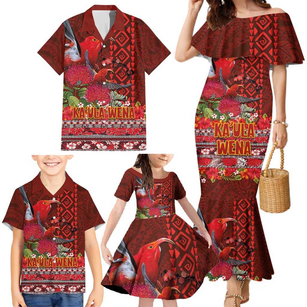 Hawaii KaUla Wena Iiwi Family Matching Mermaid Dress and Hawaiian Shirt With Tropical Plants and 'Ohi'a lehua Kakau Art Tattoo LT03 - Polynesian Pride