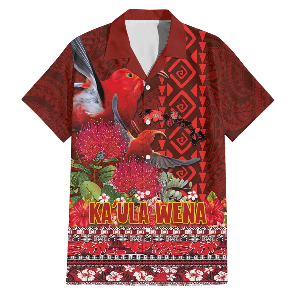 Hawaii KaUla Wena Iiwi Family Matching Mermaid Dress and Hawaiian Shirt With Tropical Plants and 'Ohi'a lehua Kakau Art Tattoo LT03 Dad's Shirt - Short Sleeve Red - Polynesian Pride