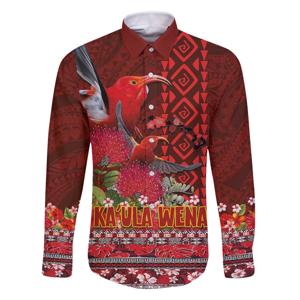 Hawaii KaUla Wena Iiwi Family Matching Mermaid Dress and Hawaiian Shirt With Tropical Plants and 'Ohi'a lehua Kakau Art Tattoo LT03 Dad's Shirt - Long Sleeve Red - Polynesian Pride