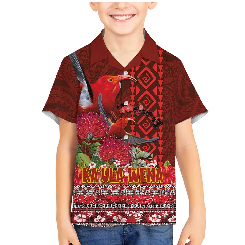 Hawaii KaUla Wena Iiwi Family Matching Mermaid Dress and Hawaiian Shirt With Tropical Plants and 'Ohi'a lehua Kakau Art Tattoo LT03 Son's Shirt Red - Polynesian Pride