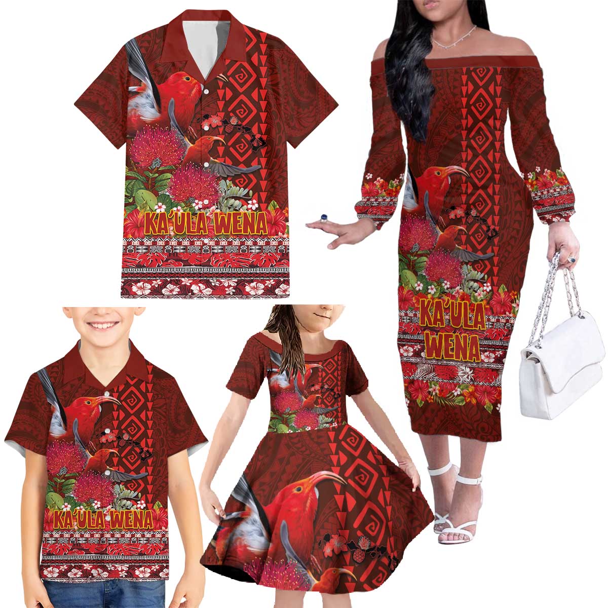 Hawaii KaUla Wena Iiwi Family Matching Off The Shoulder Long Sleeve Dress and Hawaiian Shirt With Tropical Plants and 'Ohi'a lehua Kakau Art Tattoo LT03 - Polynesian Pride
