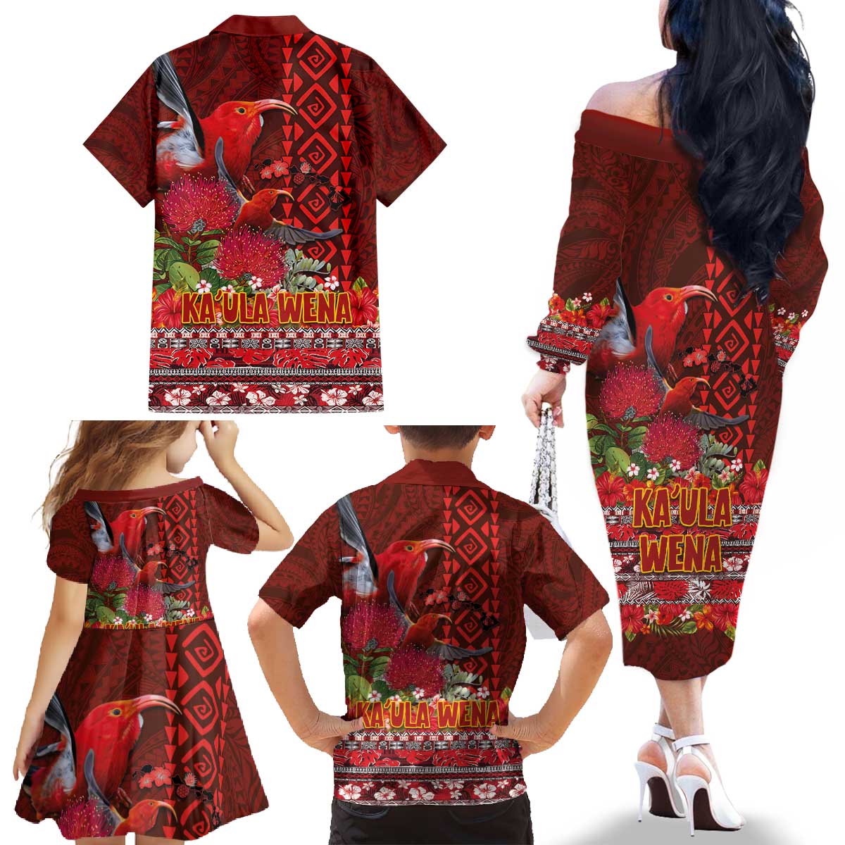Hawaii KaUla Wena Iiwi Family Matching Off The Shoulder Long Sleeve Dress and Hawaiian Shirt With Tropical Plants and 'Ohi'a lehua Kakau Art Tattoo LT03 - Polynesian Pride