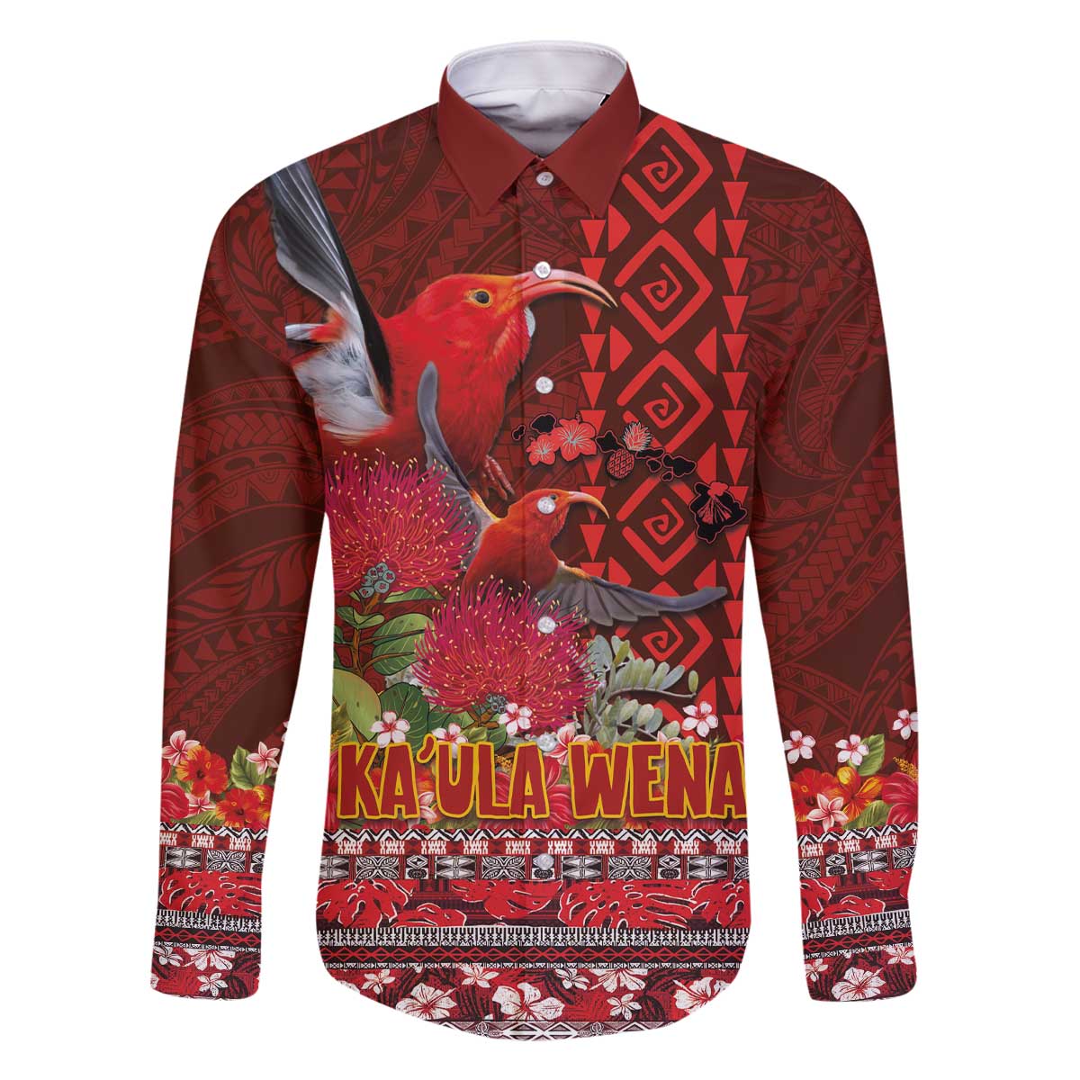 Hawaii KaUla Wena Iiwi Family Matching Off The Shoulder Long Sleeve Dress and Hawaiian Shirt With Tropical Plants and 'Ohi'a lehua Kakau Art Tattoo LT03 Dad's Shirt - Long Sleeve Red - Polynesian Pride