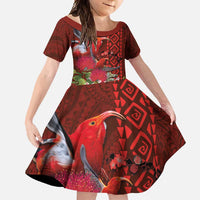 Hawaii KaUla Wena Iiwi Family Matching Off Shoulder Maxi Dress and Hawaiian Shirt With Tropical Plants and 'Ohi'a lehua Kakau Art Tattoo LT03 Daughter's Dress Red - Polynesian Pride