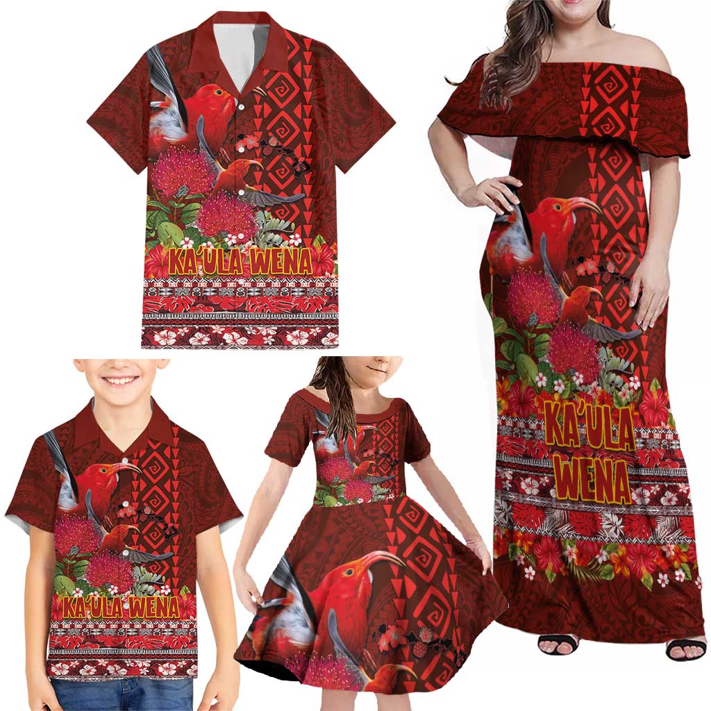 Hawaii KaUla Wena Iiwi Family Matching Off Shoulder Maxi Dress and Hawaiian Shirt With Tropical Plants and 'Ohi'a lehua Kakau Art Tattoo LT03 - Polynesian Pride