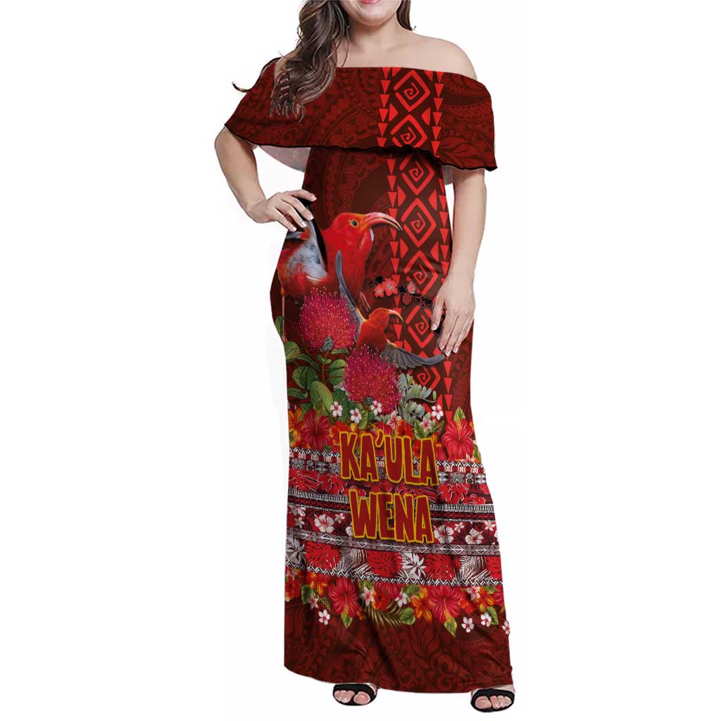 Hawaii KaUla Wena Iiwi Family Matching Off Shoulder Maxi Dress and Hawaiian Shirt With Tropical Plants and 'Ohi'a lehua Kakau Art Tattoo LT03 Mom's Dress Red - Polynesian Pride