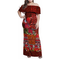 Hawaii KaUla Wena Iiwi Family Matching Off Shoulder Maxi Dress and Hawaiian Shirt With Tropical Plants and 'Ohi'a lehua Kakau Art Tattoo LT03 Mom's Dress Red - Polynesian Pride
